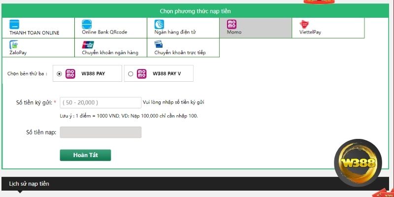 Hướng dẫn nạp tiền W388