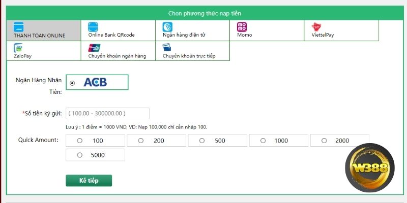 Nạp tiền W388 bằng cách nào